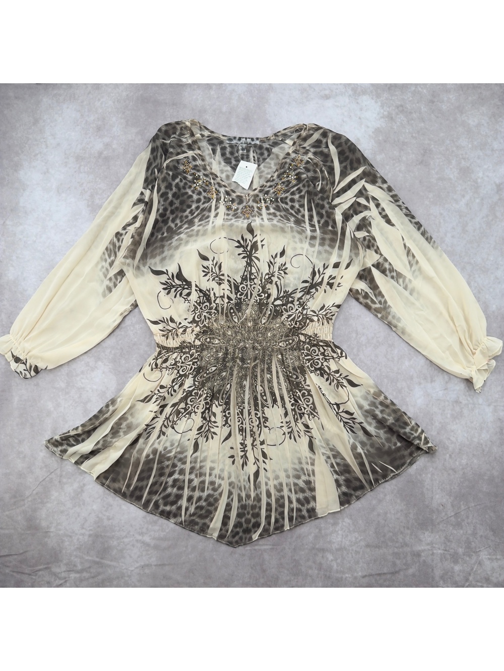 NWT Daniel Benjamin Y2K Sheer Animal Tribal Print Rhinestone Smocked Tunic Dress